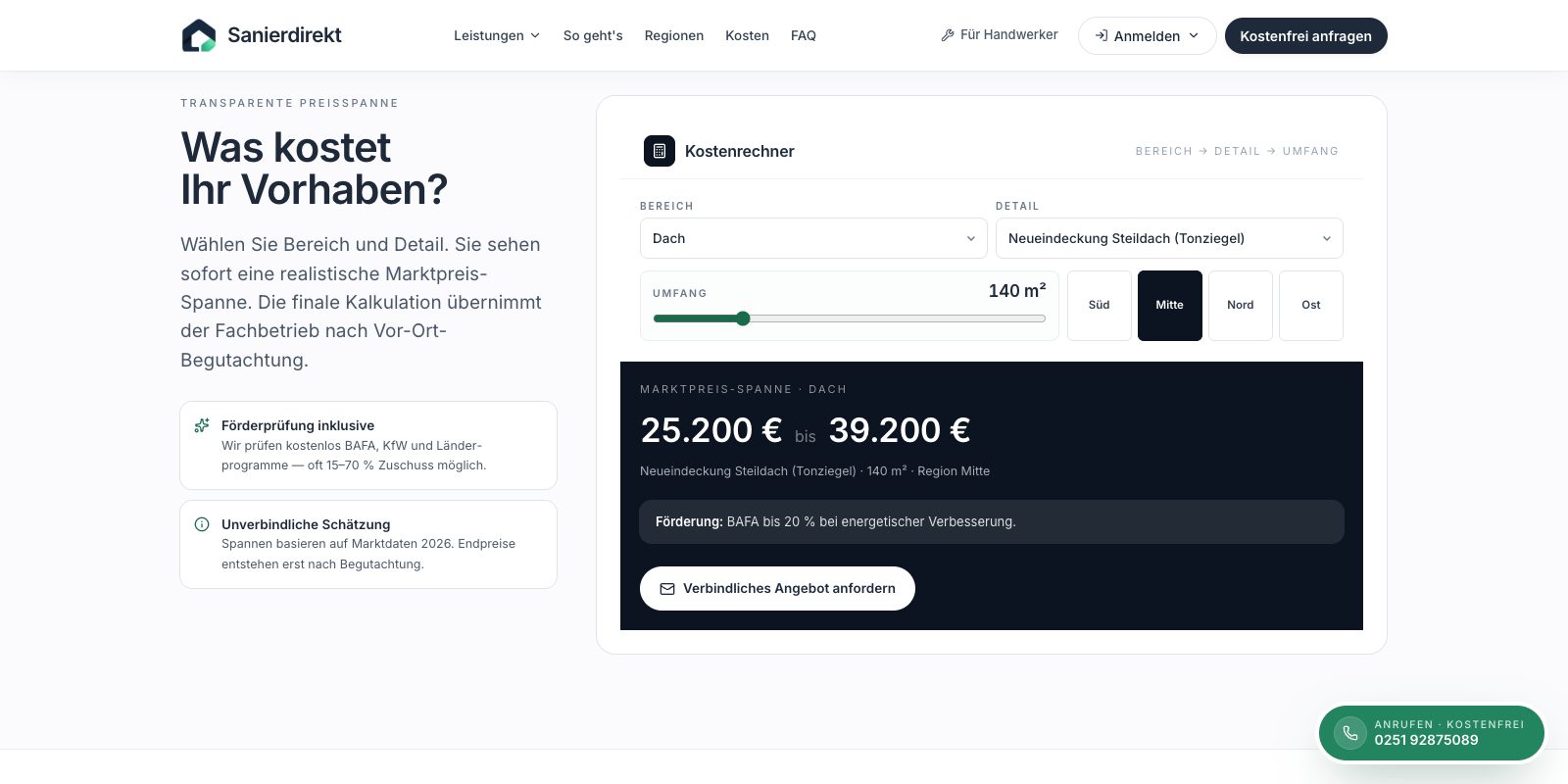 Der Kostenrechner: realistische Marktpreis-Spannen inklusive Förderprüfung — Transparenz vor dem ersten Gespräch