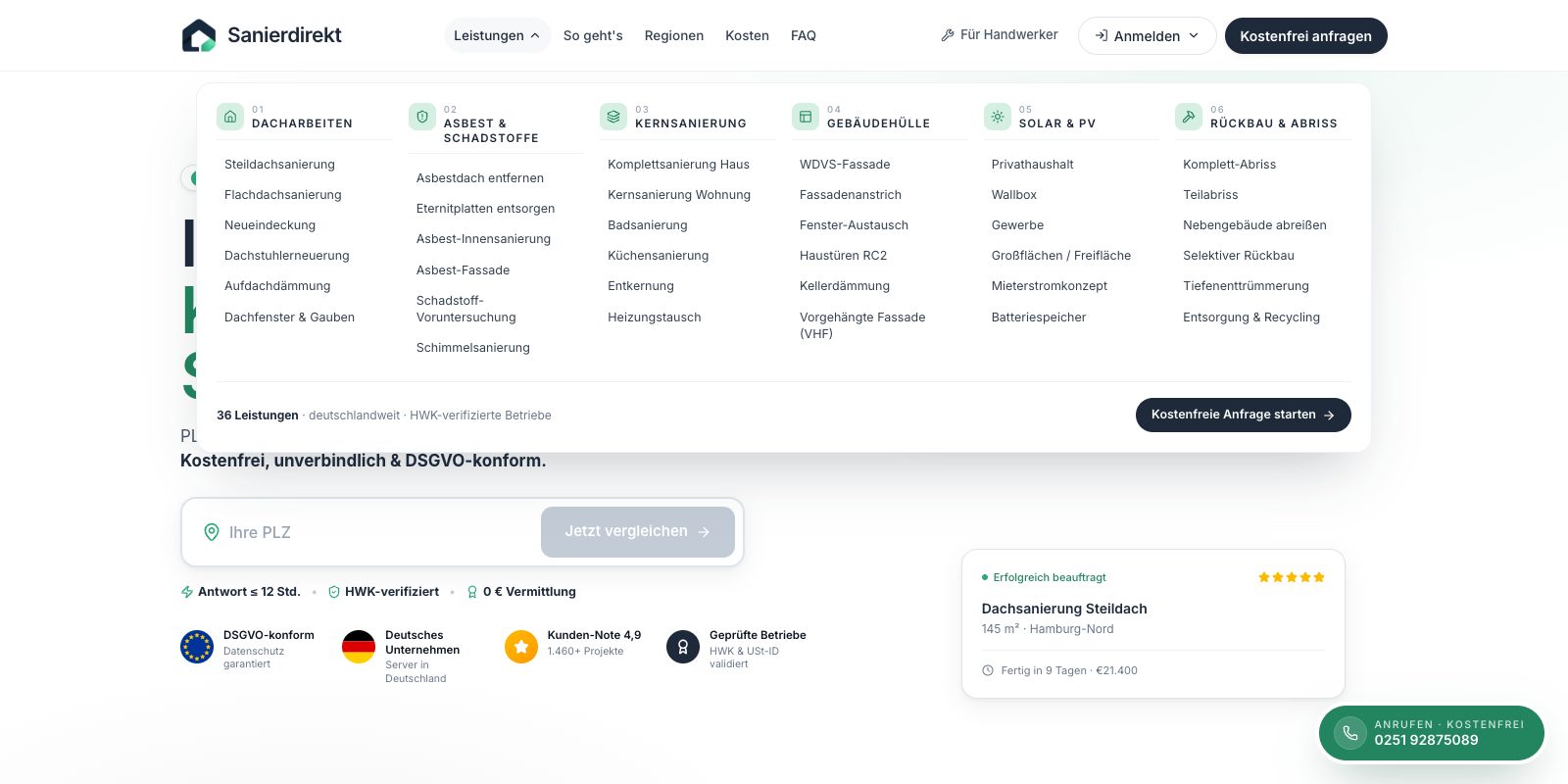 36 Leistungen in 6 Gewerken — Marktplatz-Struktur und SEO-Fundament zugleich
