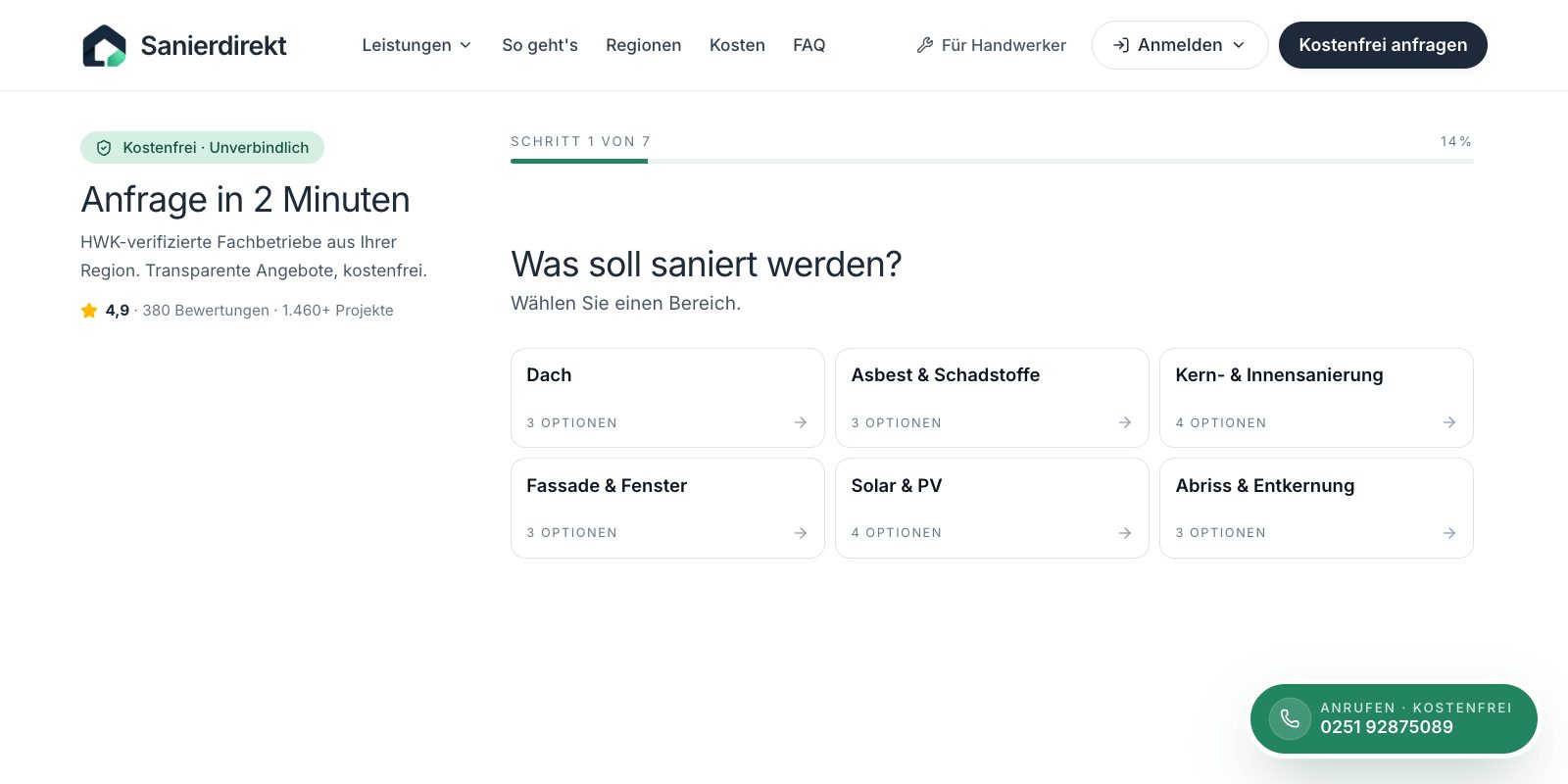 Schritt 1 — Anfrage in 2 Minuten: Der Wizard führt vom Gewerk zur fertigen Anfrage