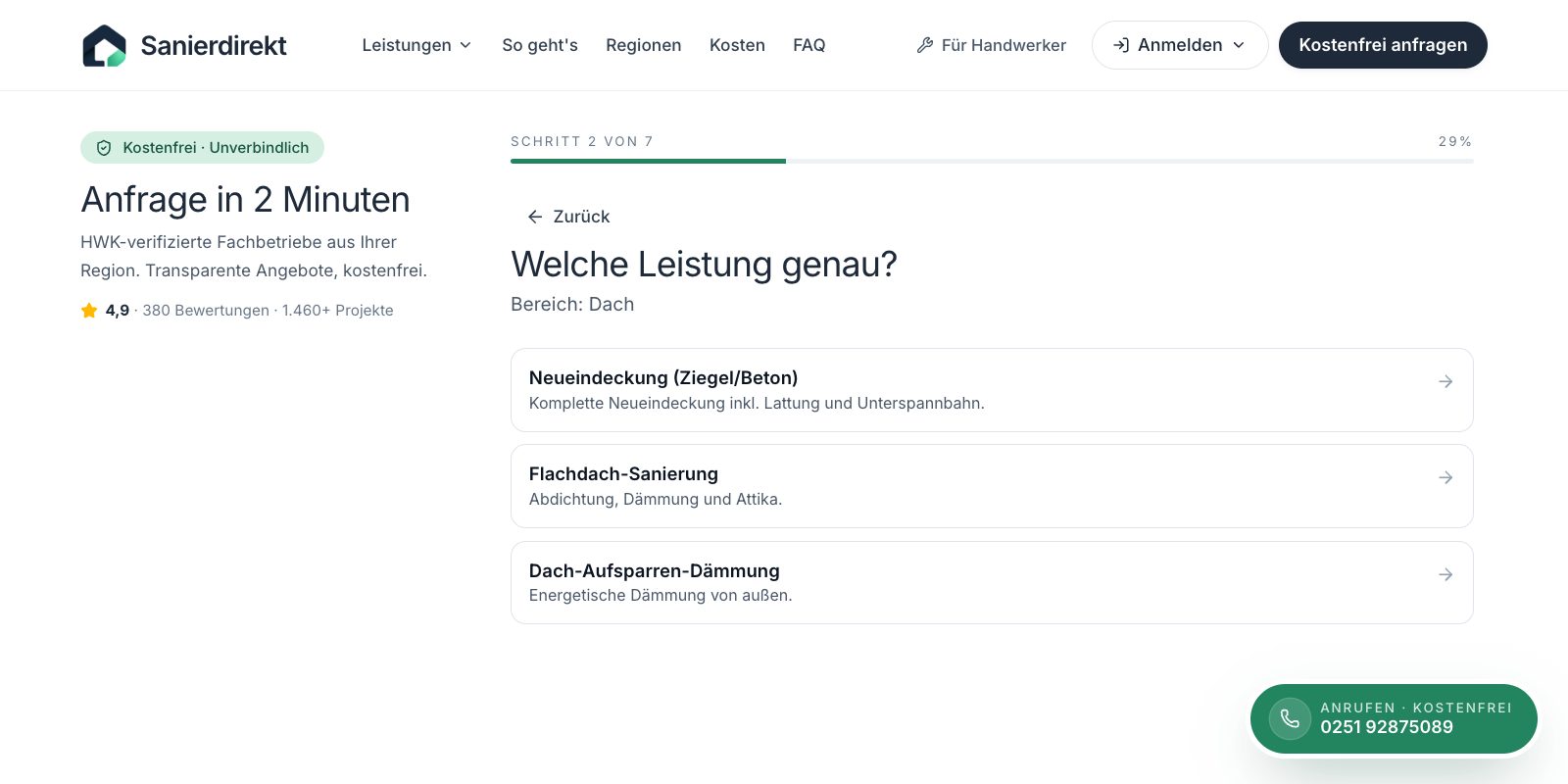 Der Funnel fragt nur, was nötig ist — jede Leistung mit eigenen Optionen