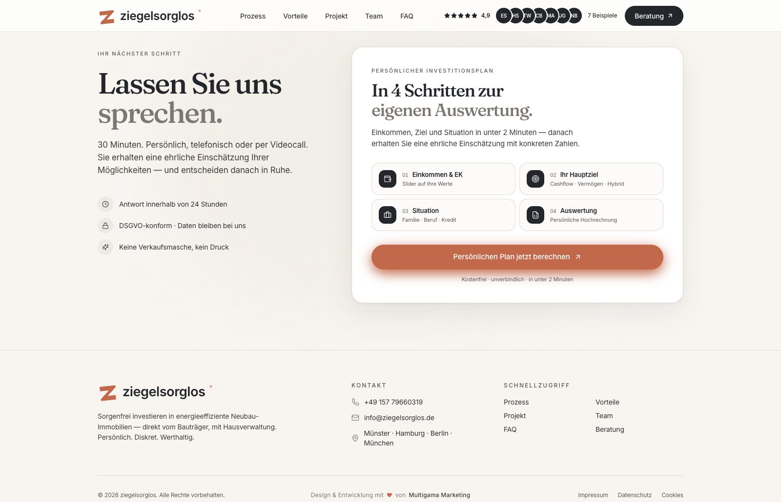 Der Erstberatungs-Funnel: In vier Schritten — Einkommen, Ziel, Situation, Auswertung — entsteht in unter zwei Minuten ein persönlicher Investitionsplan. Niedrigschwelliger Einstieg für ein hochpreisiges Produkt.